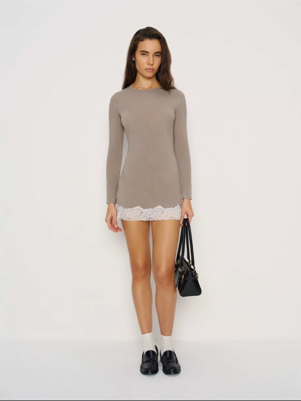 Reformation Taupe Mini Dress with White Lace Trim